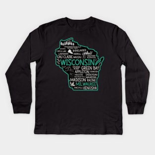 Milwaukee Wisconsin cute map, Osseo, Green Bay, Kenosha, Racine, Appleton, Waukesha, Eau Claire, Oshkosh, Janesville Kids Long Sleeve T-Shirt